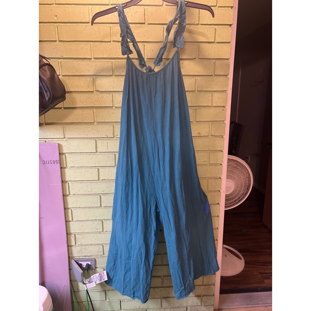 KIRUNDO Teal Blue Linen Blend Wide Leg Ruffle Strap Jumpsuit XL 7106